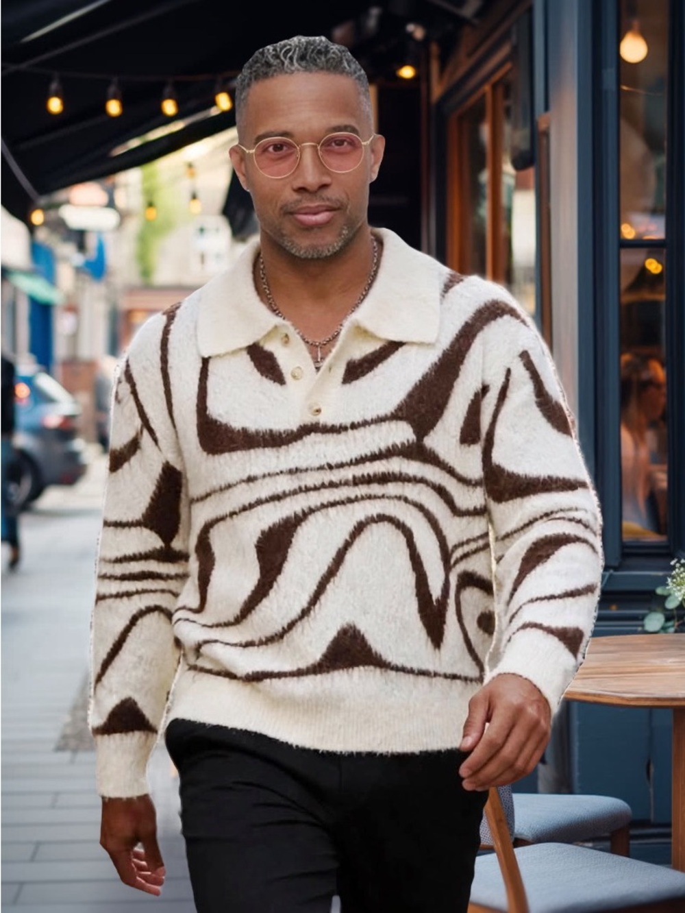 Men's Cream & Brown Abstract Pattern Crewneck Sweater